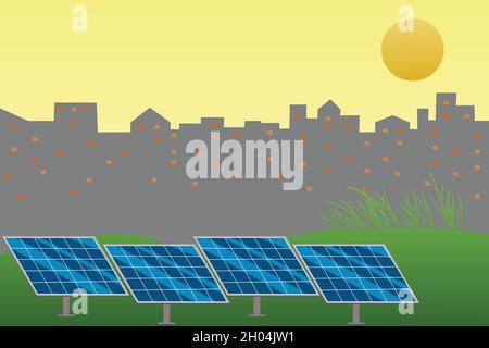 Konzept der nachhaltigen Ressourcen für grüne Energie. Solarphotovoltaik versorgen die Stadt mit Strom. Vektor- und Illustrationsdesign. Stock Vektor