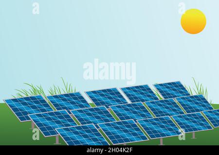 Konzept der nachhaltigen Ressourcen für grüne Energie. Solar-Photovoltaik mit Sonne. Vektor und Illustration Design. Stock Vektor