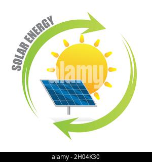 Logo für Solarenergie. Konzept für grüne Energie. Solarpanel mit Sonne und Recycling-Pfeil flach Design-Symbol. Vektor- und Illustrationsdesign. Stock Vektor