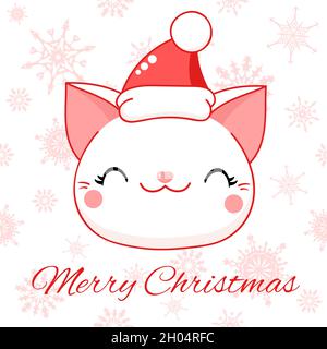 Quadratische Grußkarte mit Kawaii-Katze. Niedliche weiße Kitty in Santa Hut. Inschrift Frohe Weihnachten. Vektorgrafik EPS8 Stock Vektor