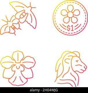 Nationales Tier und Blume von Singapur Gradienten lineare Vektor-Symbole gesetzt Stock Vektor