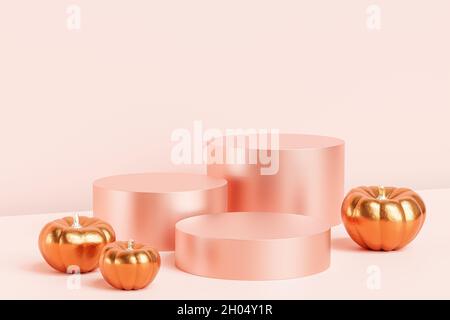 Podien oder Podeste mit goldenen Kürbissen für Produktdisplays oder Werbung für Herbstferien auf rosafarbenem Hintergrund, 3d-Rendering Stockfoto