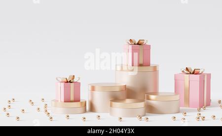 Goldene Podien oder Sockel für Produkte oder Werbung mit Geschenkkartons, 3d-Rendering Stockfoto