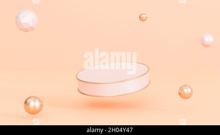Beigefarbenes Luxuspodest oder -Sockel für Produkte oder Werbung auf pastellfarbenem pfirsichfarbenem Hintergrund, 3d-Rendering Stockfoto