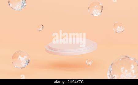 Beiges Podium oder Podest für Produkte oder Werbung auf pastellfarbenem pfirsichfarbenem Hintergrund, 3d-Rendering Stockfoto