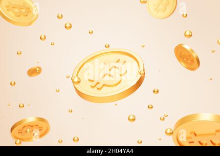 Bitcoin Krypto-Währung Goldmünzen, e-Commerce-Anlagekonzept, 3d-Rendering auf beigem Hintergrund Stockfoto
