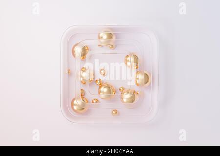 Abstrakte goldene Kugeln mit mattiertem Glas auf beigem Hintergrund, minimales 3d-Rendering Stockfoto