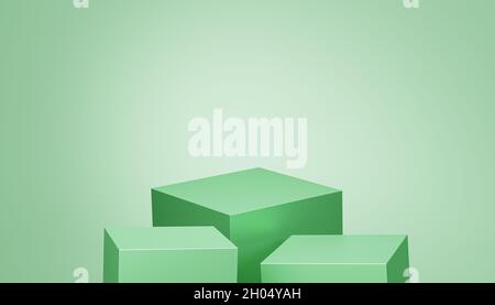 Würfelpodien oder Sockel für Produkte oder Werbung auf grünem Hintergrund, 3d-Rendering Stockfoto