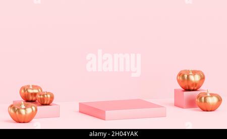 Podien oder Podeste mit goldenen Kürbissen für Produktdisplays oder Werbung für Herbstferien, 3d-Rendering Stockfoto