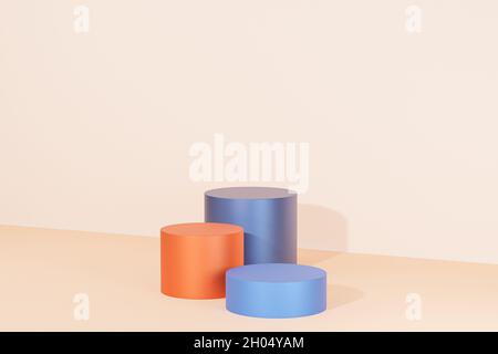 Zylinderpodien oder Sockel für Produkte oder Werbung auf pastellbeigem Hintergrund, 3d-Rendering Stockfoto