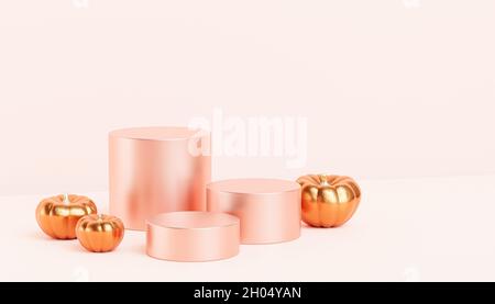 Podien oder Podeste mit goldenen Kürbissen für Produktdisplays oder Werbung für Herbstferien, 3d-Rendering Stockfoto