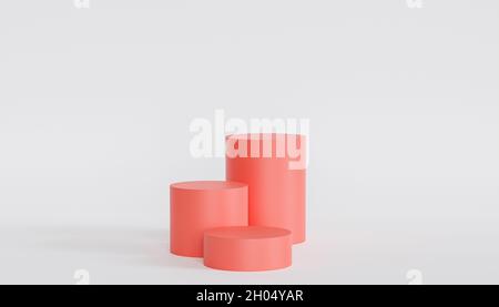 Rote Podien oder Sockel für Produkte oder Werbung auf weißem Hintergrund, 3d-Rendering Stockfoto