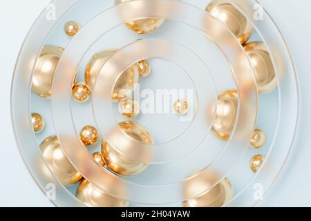 Abstrakte goldene Kugeln mit mattiertem Glas auf beigem Hintergrund, minimales 3d-Rendering Stockfoto