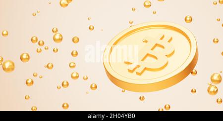 Bitcoin Krypto-Währung Goldmünze, E-Commerce-Anlagekonzept, 3d-Rendering auf beigem Hintergrund Stockfoto