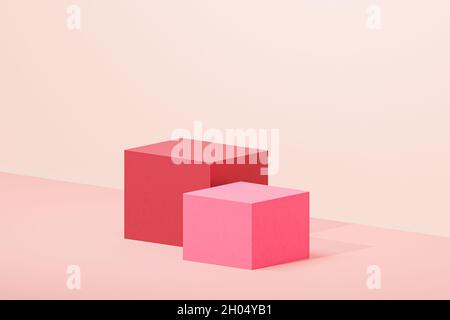 Würfelpodien oder Sockel für Produkte oder Werbung auf pastellbeigem Hintergrund, 3d-Rendering Stockfoto