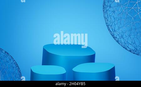 Podien oder Podeste für Produkte oder Werbung auf blauem Hintergrund, 3d-Rendering Stockfoto