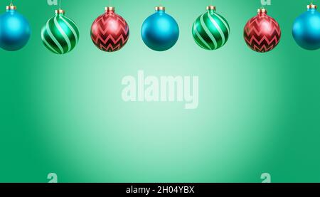 Bannerhintergrund zu Weihnachten oder Neujahr mit bunten Kugeln, 3d-Rendering Stockfoto