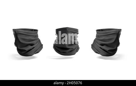 Blank schwarz Hals Gamasche Mock up, Vorder-und Seitenansicht, 3d-Rendering. Leeres Stirnband oder Schal für Pandemie-Sicherheitsmodell, isoliert. Klare, staubdichte BAL Stockfoto
