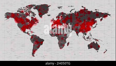 Bild der Weltkarte und der Länder, die durch Kreise auf weißem Hintergrund rot werden Stockfoto