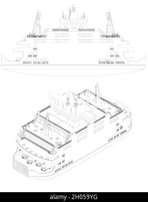 Liner-Kontur von schwarzen Linien isoliert auf weißem Hintergrund. Passagierschiff. Isometrische Seitenansicht. Vektorgrafik. Stock Vektor