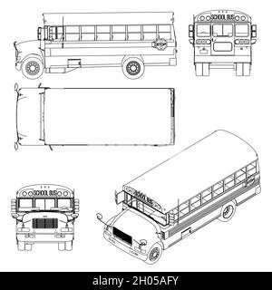 Set mit den Konturen des Schulbusses aus schwarzen Linien isoliert auf weißem Hintergrund. Seitenansicht oben, vorne, hinten, isometrisch. Vektorgrafik. Stock Vektor