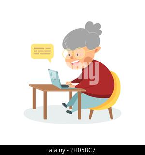 Glückliche Oma mit Laptop. Nette Cartoon-Großmutter sitzt an einem Tisch mit einem Computer. Eine fortgeschrittene alte Frau kommuniziert im Internet. Stock Vektor