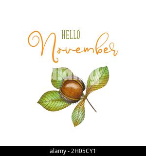 Hallo November Vektor Kastanie Vorlage Bleistift Handzeichnung, Design für Banner, Grußkarte oder drucken. Vektorgrafik Stock Vektor