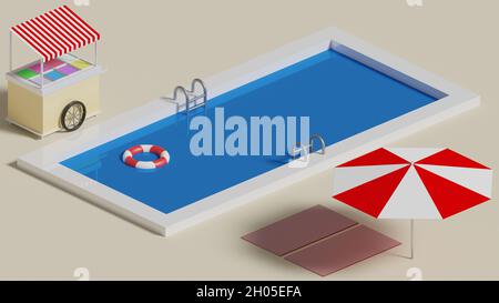Isometrische 3D-Darstellung einer Sommerszene mit einem Schwimmbad und einem Eiswagen (3d-Rendering, CGI) Stockfoto