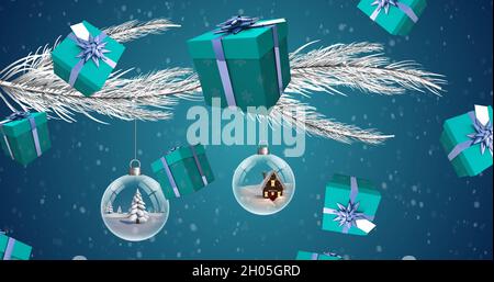 Bild von Geschenken, die über den weihnachtsbaum fallen Stockfoto
