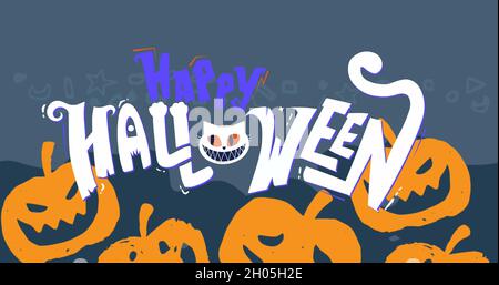 Bild von fröhlichem halloween-Text über Kürbissen auf violettem Hintergrund Stockfoto