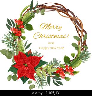 Weihnachtskranz mit roter Weihnachtsblume Poinsettia, Ästen aus Eukalyptus, Fichte und roten Beeren. Stock Vektor