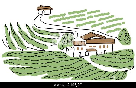 Weingut Farm eine kontinuierliche Linie Kunst Zeichnung. Einfache Vektorskizzendarstellung. Landschaft mit Weinreihen. Weingut Farm minimalistisches Farbdesign für Stock Vektor
