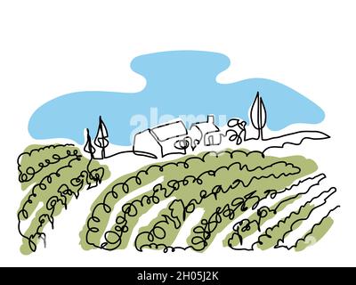 Weinbergfeld minimalistisches Farbdesign für Weinetikett.Einfache Vektorskizze, Doodle Illustration. Weinberg Feld eine kontinuierliche Linie Kunst Zeichnung Stock Vektor
