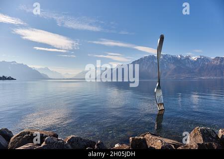 Die Gabel von Vevey im Genfer See, Schweiz Stockfoto