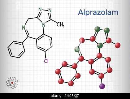 Alprazolam, Molekül. Es handelt sich um Benzodiazepin, ein kurzwirkendes Beruhigungsmittel mit anxiolytischen, sedativ-hypnotischen, krampflösenden Aktivitäten. Blatt Papier in Stock Vektor
