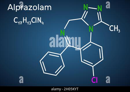 Alprazolam, Molekül. Es handelt sich um Benzodiazepin, ein kurzwirkendes Beruhigungsmittel mit anxiolytischen, sedativ-hypnotischen, krampflösenden Aktivitäten. Strukturelle Chemie Stock Vektor