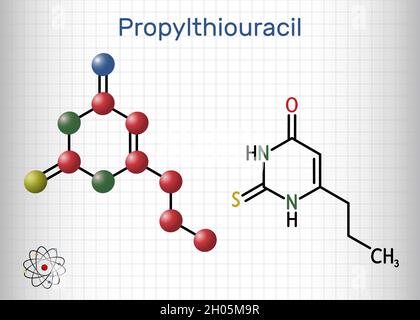 Propylthiouracil, PTU-Molekül. Es ist Thioharnstoff-Derivat mit antithyroid-Eigenschaft, verwendet, um Hyperthyreose zu behandeln. Blatt Papier in einem Käfig. Vektor i Stock Vektor