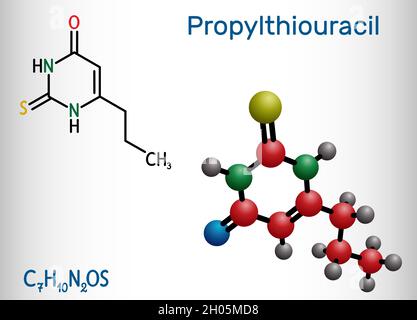 Propylthiouracil, PTU-Molekül. Es ist Thioharnstoff-Derivat mit antithyroid-Eigenschaft, verwendet, um Hyperthyreose zu behandeln. Strukturelle chemische Formel und Mo Stock Vektor