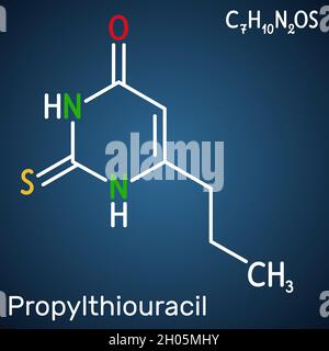 Propylthiouracil, PTU-Molekül. Es ist Thioharnstoff-Derivat mit antithyroid-Eigenschaft, verwendet, um Hyperthyreose zu behandeln. Strukturelle chemische Formel auf dem Stock Vektor