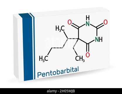 Pentobarbital, Pentobarbiton-Molekül. Es ist Beruhigungsmittel, hypnotisches Mittel. Wird zur Behandlung von Kurzzeitstörungen verwendet. Papierverpackungen für Medikamente. V Stock Vektor