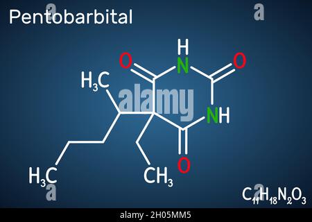 Pentobarbital, Pentobarbiton-Molekül. Es ist Beruhigungsmittel, hypnotisches Mittel. Wird zur Behandlung von Kurzzeitstörungen verwendet. Strukturelle chemische Formel Stock Vektor