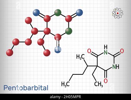 Pentobarbital, Pentobarbiton-Molekül. Es ist Beruhigungsmittel, hypnotisches Mittel. Wird zur Behandlung von Kurzzeitstörungen verwendet. Blatt Papier in einem Käfig. Ve Stock Vektor