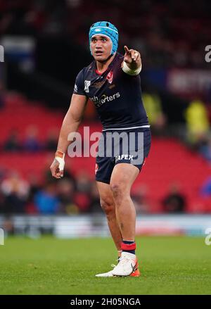 Aktenfoto vom 09-10-2021 von St. Helens' Sione Mata'utia. Sione Mata'utia, der Rückenruderer von St. Helens, wurde wegen Fouls im Super League Grand Final ein Einmatchverbot erteilt. Ausgabedatum: Montag, 11. Oktober 2021. Stockfoto