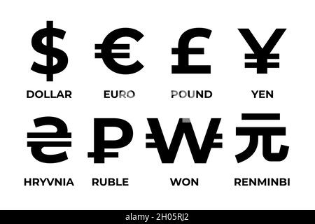 Währungssymbole. Dollar, Euro, Pfund, Yen, Rubel Stock Vektor