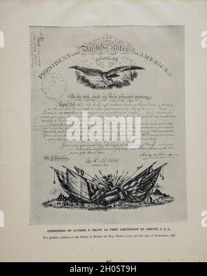 Commission of Ulysses S. Grant als First Lieutenant von Brevet U.S.A.from das amerikanische Bürgerkrieg Buch und Grant Album : 'Art Immortelles' : Eine Mappe aus Halbton-Reproduktionen von seltenen und teuren Fotografien, die die Erinnerung an General Ulysses S. Grant verewigen sollen und Szenen und Vorfälle im Zusammenhang mit dem Bürgerkrieg darstellen, veröffentlicht in Boston und New York von W. H. Allen im Jahr 1894 Stockfoto