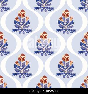 Pelagronium floral Ogee Vektor Muster Hintergrund. Hintergrund im historischen Stil in Pastellblau und Rot mit handgezeichneten malerischen Blumensträußen Stock Vektor