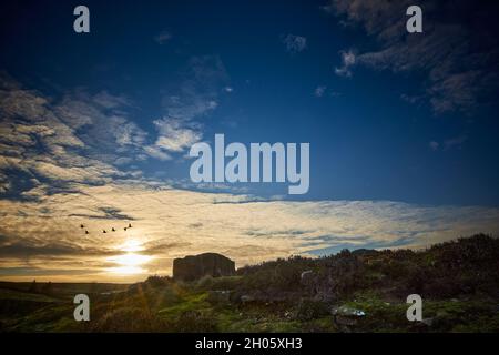 Mooruntergang auf 900 Fuß und 6 Gänse machen sich auf den Weg nach Hause Stockfoto