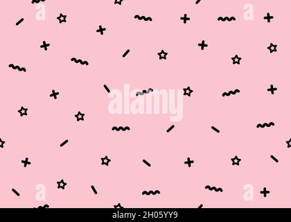 Vektorgrafik mit geometrischem Konfetti. Nahtloses Muster. Niedliche Textur mit schwarzen kleinen geometrischen Formen auf rosa Hintergrund Stock Vektor