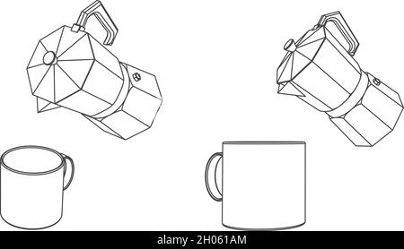 Vektordarstellung der Moka-Kaffeemaschine mit Tasse Stock Vektor