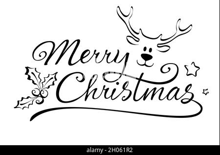 Frohe Weihnachten, handgeschriebene Kalligraphie mit niedlichem Rentierkopf und weihnachtsstachelchen Stock Vektor